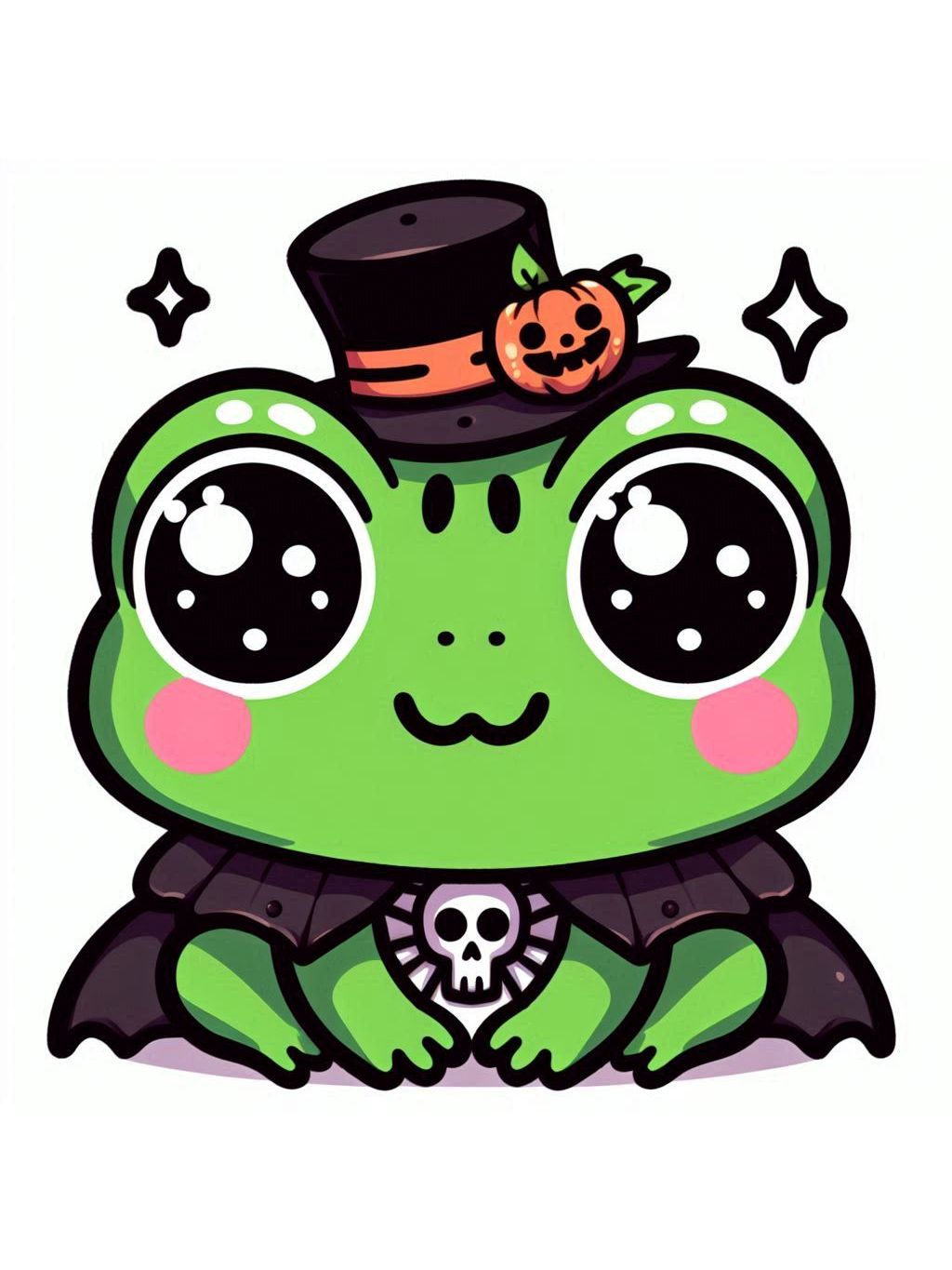 halloween frog drawing ideas, showing a delightful green frog dressed in a gothic outfit and top hat, complete with Halloween elements like a pumpkin and stars.